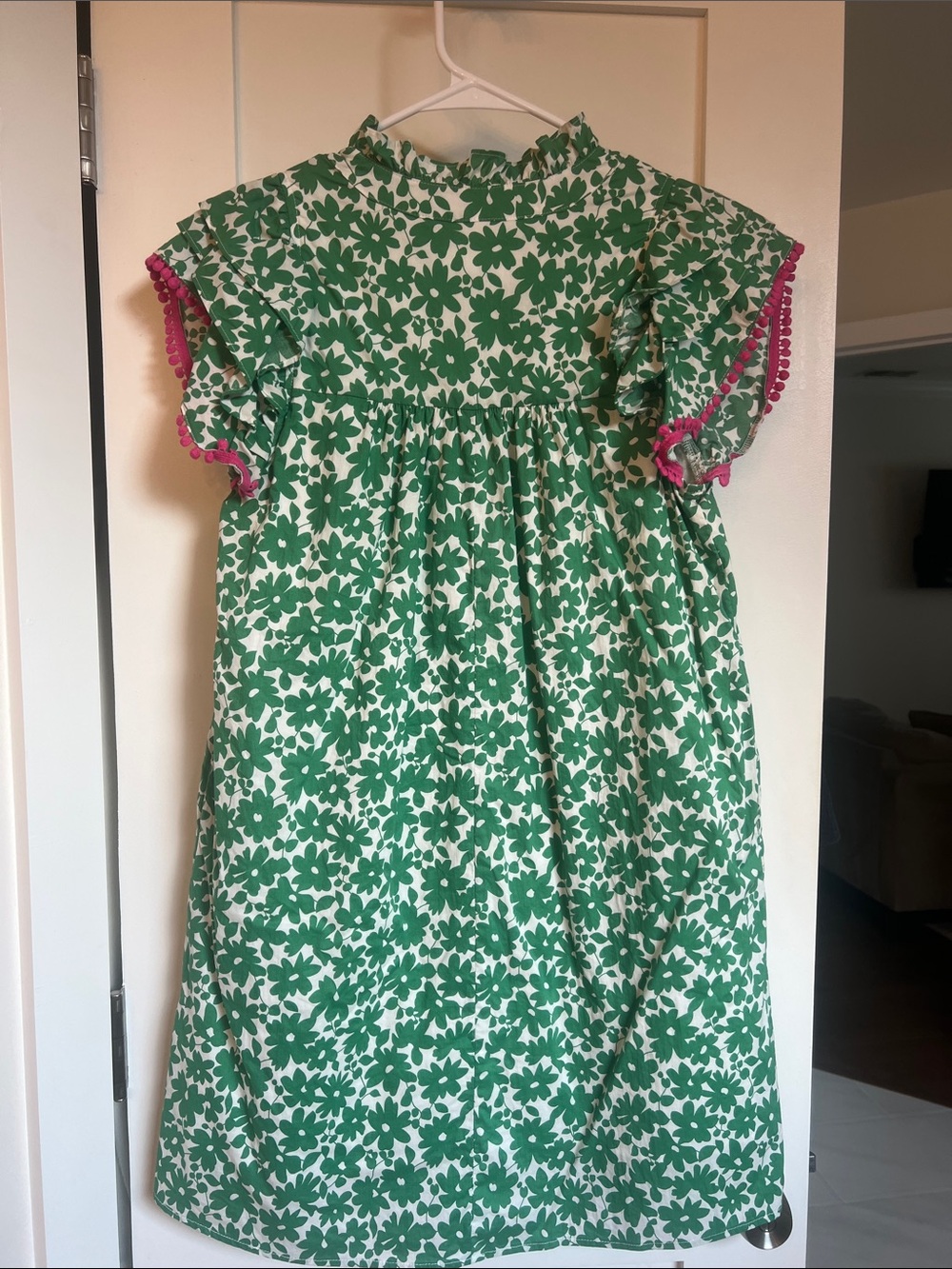 Green Floral Mini Dress with Pink Pom Trim - Picture 4 of 5